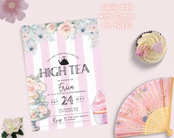 Invito per festa di compleanno con tè pomeridiano, formato 5x7, modificabile, rosa, elegante, floreale, per feste di compleanno con tè per ragazze, download digitale stampabile.