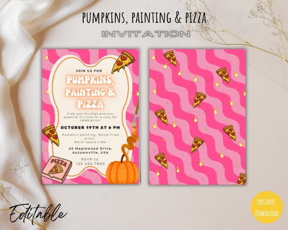 Pumpkins Painting Pizza Invitation 5x7 Editable Friendsgiving Invite Pink Fall Party Pumpkin Painting Pizza Night Digital Download Printable