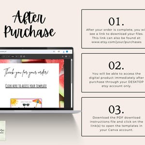 May include: A laptop screen displays a digital product purchase confirmation with the text "Thank you for your order!" and instructions for accessing the template. The image also includes the text "After Purchase" and numbered steps for downloading the digital file.
