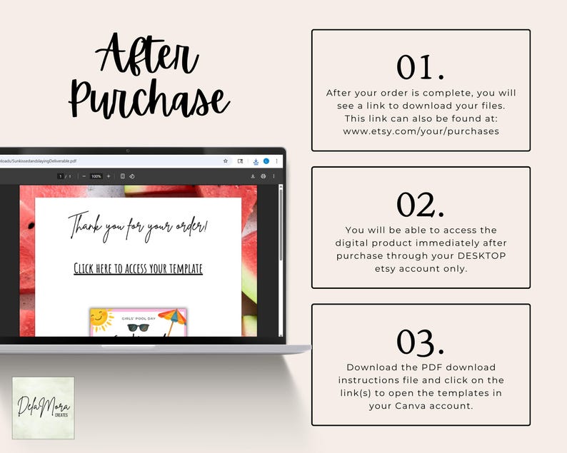 May include: A laptop screen displays a digital product purchase confirmation with the text "Thank you for your order!" and instructions for accessing the template. The image also includes the text "After Purchase" and numbered steps for downloading the digital file.