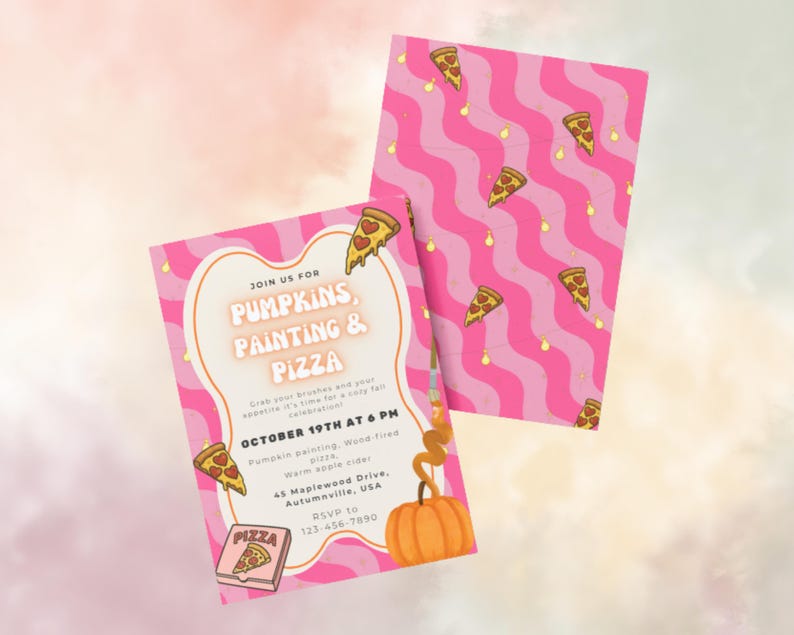 May include: Pink and white invitation cards with the text "Pumpkins, Painting & Pizza". The cards feature pizza slices and a pumpkin illustration. The invitation includes event details such as the date, time, and location.