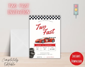 Invitation d'anniversaire de deux voitures de course rouges rapides 5 x 7 modifiables fille garçon Racing Party deuxième anniversaire Deux thème rapide imprimable en téléchargement numérique