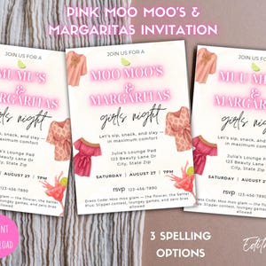 Editable, Digital, Pink Moo Moos & Margaritas, Noche de chicas, chicas, Invitación a fiesta, Noche de chicas, Despedida de soltera, Noche de damas