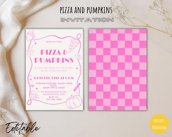 May include: A pink and white invitation with the text "Pizza & Pumpkins" and event details. The invitation features a pink border with fall-themed illustrations and a checkered pink pattern on the back. The words "Editable" and "Instant Download" are also visible.