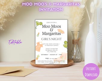 Editable Digital-Printable Moo Moos & Margaritas, Girl&#39;s Night, girls, Party invitation, girls night out, bachelorette party, ladies night
