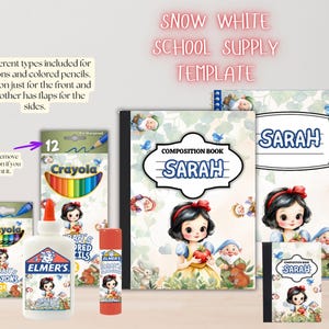 Peut inclure: Ensemble de fournitures scolaires sur le thème de Blanche-Neige. Comprend des crayons, des crayons de couleur, de la colle, des cahiers de composition et un bâton de colle. Les articles sont décorés avec des illustrations de Blanche-Neige et le texte "SARAH".