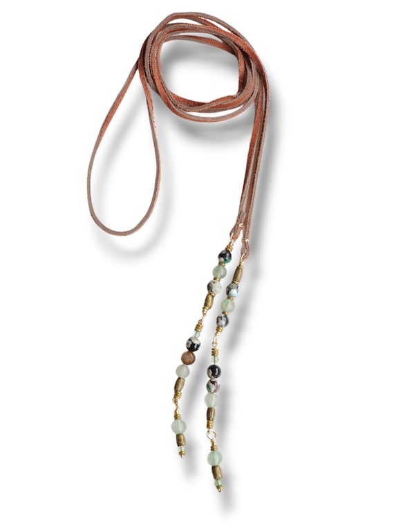 Picasso Jasper, Rutilated Quartz, Fluorite, Egyptian Brass Beads Suede Lariat by Jevus Vougler