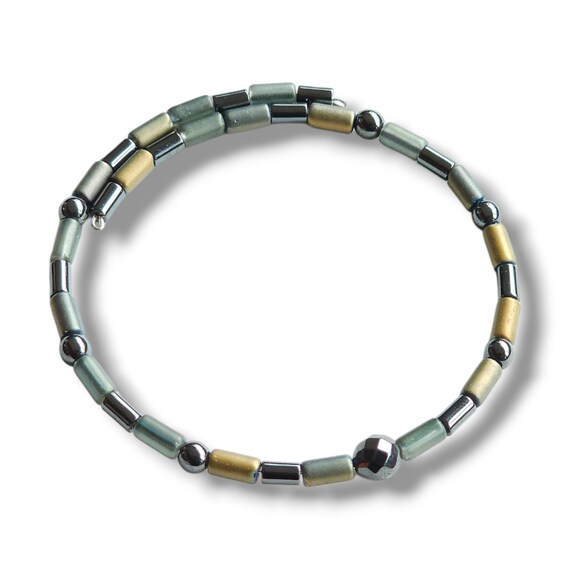 Plated Hematite and Artisan Green Frosted Glass Coil Bracelet by Jevus Vougler