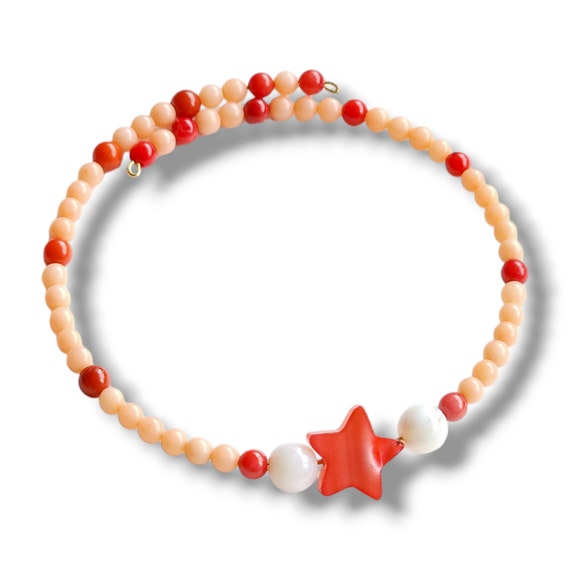 Bamboo Coral, River Shell,  Star Cut Mother of Pearl Coil Bracelet by Jevus Vougler