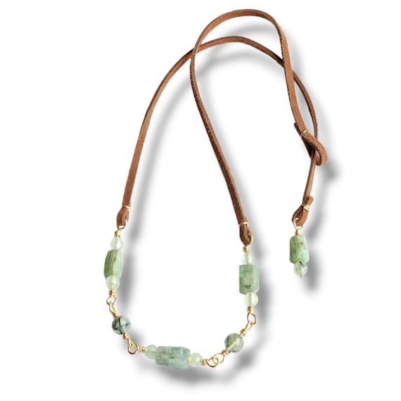 Natural Green Kyanite, Rutilated Quartz, Fluorite, Suede Necklace by Jevus Vougler