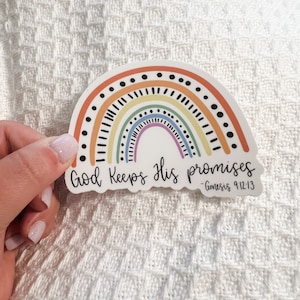 May include: A rainbow sticker with the text "God keeps his promises - Genesis 9:12-13".