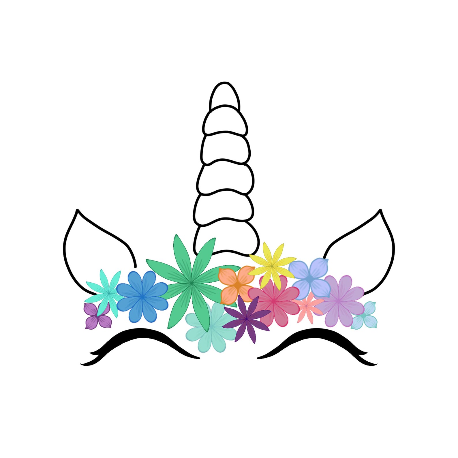 Unicorn Line Drawing with Rainbow Flower Crown Digital Art Etsy