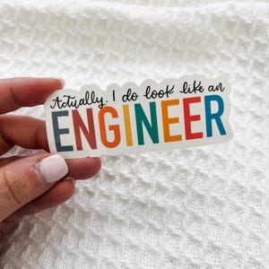 May include: A sticker with a rainbow colored word "ENGINEER" and the text "Actually, I do look like an" in black.