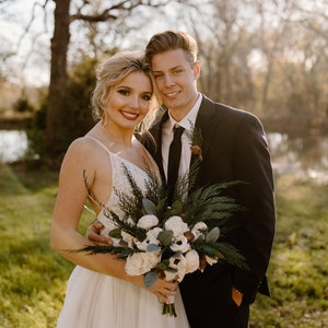 Winter Wedding Bouquet Wood, Sola Wood Flower Bouquet White, Pinecones and Roses, Green and White Wedding Bouquet, Bouquet with Pine Cones image 3