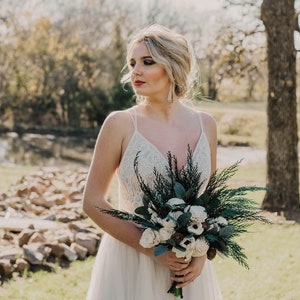 Winter Wedding Bouquet Wood, Sola Wood Flower Bouquet White, Pinecones and Roses, Green and White Wedding Bouquet, Bouquet with Pine Cones image 2