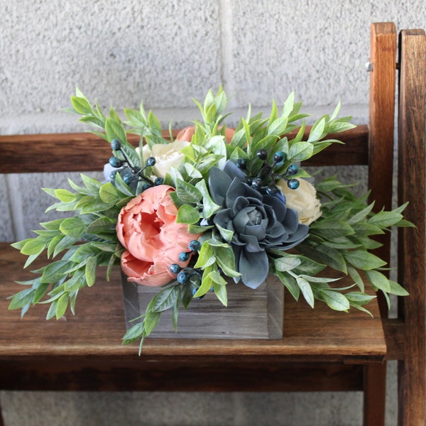 Dusty Blue and Coral, Sola Wood Flower Arrangement, Floral Arrangement Box, Mothers Day Flowers, Flower Box Custom Centerpiece