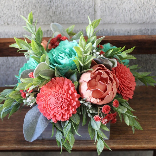 Bright Coral, Peach, and Aqua, Sola Wood Flower Arrangement, Floral Arrangement Box, Mothers Day Flowers, Flower Box Custom Centerpiece