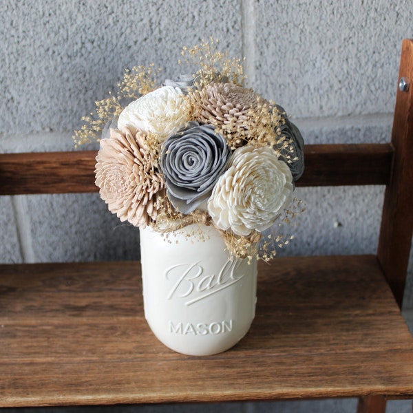 Winter Neutrals, Jar Floral Arrangements for Wedding, Light Gray, Beige, and Ivory Sola Wood Flower Arrangement, Mothers Day Flowers