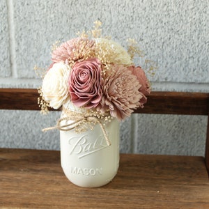 Dusty Pinks and Ivory, Jar Floral Arrangements for Wedding, Dusty Rose, Blush, and Ivory Sola Wood Flower Arrangement, Mothers Day Flowers
