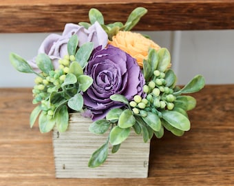 Purple and Peach Flowers, Wooden Box Floral Arrangement, Sorry For Your Loss Gift for Family, Faux Flower Arrangement in Box