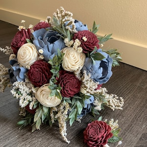 Dusty Blue and Burgundy Bouquet, Dusty Blue Burgundy Wedding, Burgundy and Dusty Blue Corsage, Blue and Burgundy Flowers, Boho Wedding