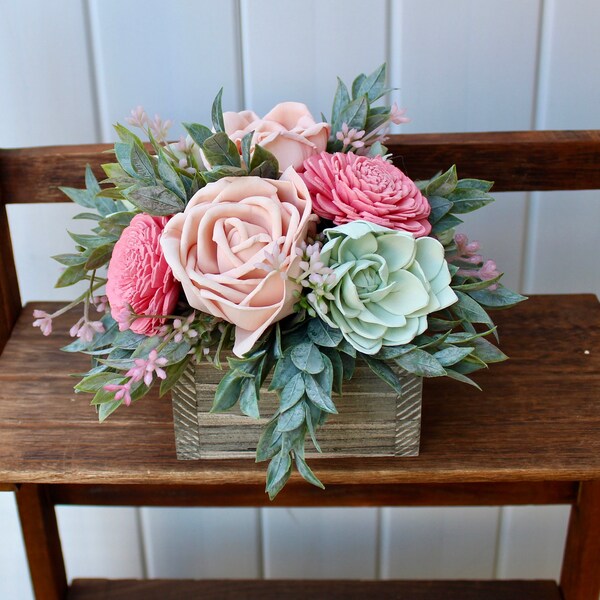 Pinks and Greens, Wooden Flowers, Sola Wood Flower Arrangement, Floral Arrangement Box, Mothers Day Flowers, Flower Box Custom Centerpiece