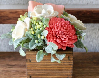 Coral and Ivory Flowers, Mini Wooden Box Floral Arrangement, Sorry For Your Loss Gift for Family, Flower Arrangement in Box, Teacher Gift