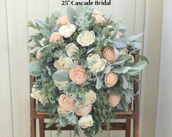 Blush and Sage Bouquet for Wedding, Wooden Flower Bouquet, Pink and White Bouquet, Sola Flower Bouquet Blush Pink, Bridesmaid Bouquet Set