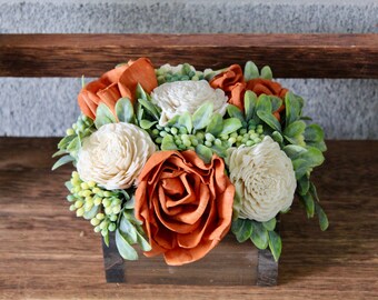 Burnt Orange, Ivory, and Yellow, Lavender Wood Flower Arrangement, Floral Arrangement Box, Mothers Day Flowers Gift, Flower Box Custom