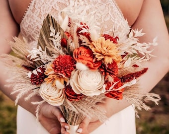 Boho Wedding Bouquet Terracotta, Burnt Orange Bridal Bouquet, Fall Dried Wedding Flowers, Boho Fall Wedding Decor, Wedding Bouquet Pampas