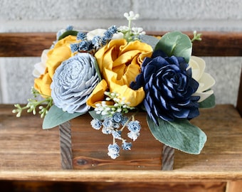 Mustard Yellow, Navy, and Dusty Blue Floral Arrangement, Floral Arrangement Box, Mothers Day Flowers, Flower Box Custom Centerpiece