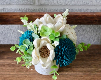 Teal Blue and Ivory, Jar Floral Arrangements for Wedding, Turquoise, Aqua, and Ivory Sola Wood Flower Arrangement, Mothers Day Flowers