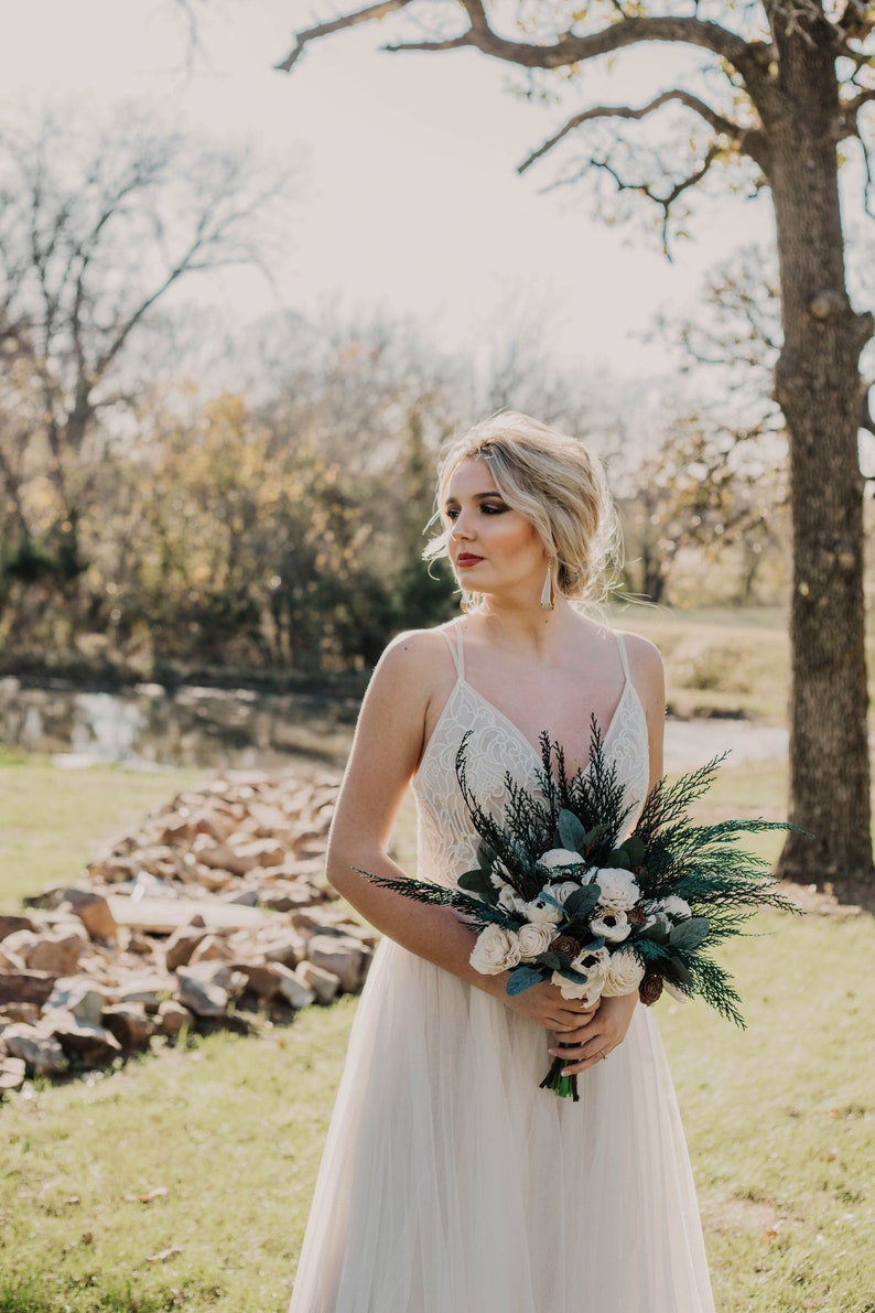 Winter Wedding Bouquet Wood, Sola Wood Flower Bouquet White, Pinecones and Roses, Green and White Wedding Bouquet, Bouquet with Pine Cones image 2