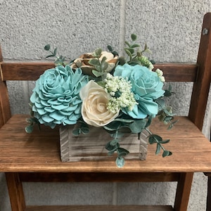 Light Blue and Natural Bark Flowers, Sola Wood Flower Arrangement, Floral Arrangement Box, Spring Decor Flower Box, Hostess Gift Flowers