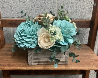 Light Blue and Natural Bark Flowers, Sola Wood Flower Arrangement, Floral Arrangement Box, Spring Decor Flower Box, Hostess Gift Flowers