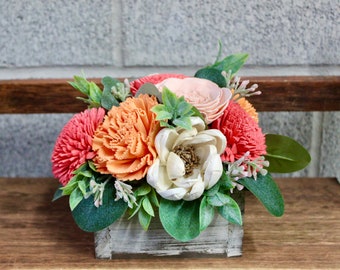 Pink and Peach Flowers, Mini Wooden Box Floral Arrangement, Sorry For Your Loss Gift for Family, Faux Flower Arrangement in Box