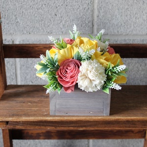 Pink and Yellow Sola Wood Flower Arrangement, Floral Arrangement Box, Mothers Day Flowers Gift, Flower Box Custom Centerpiece, Friend Gift image 1