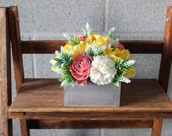 Pink and Yellow Sola Wood Flower Arrangement, Floral Arrangement Box, Mothers Day Flowers Gift, Flower Box Custom Centerpiece, Friend Gift