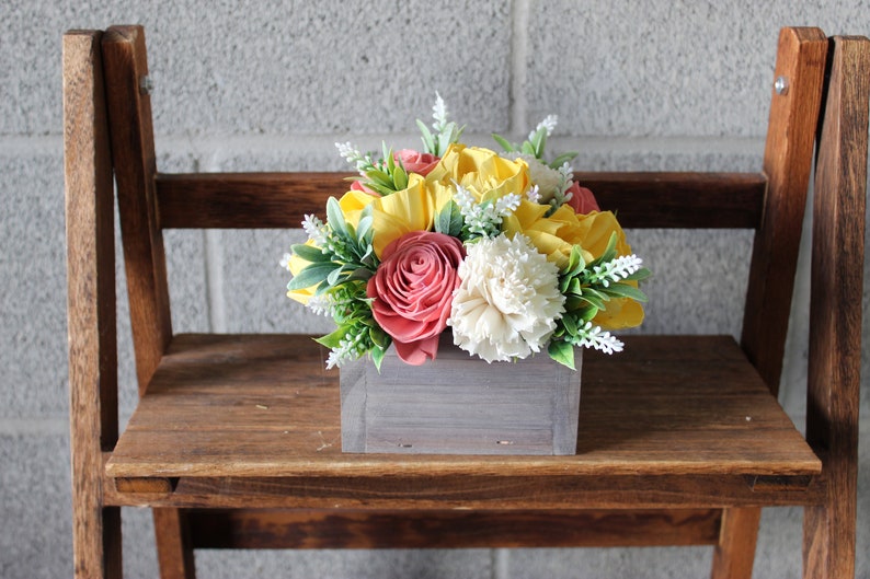 Pink and Yellow Sola Wood Flower Arrangement, Floral Arrangement Box, Mothers Day Flowers Gift, Flower Box Custom Centerpiece, Friend Gift image 1