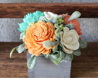 Coral, Peach, and Aqua Flowers, Mini Wooden Box Floral Arrangement, Sorry For Your Loss Gift for Family, Flower Arrangement in Box