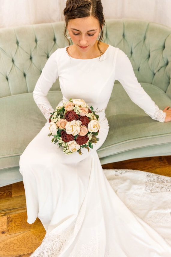 Burgundy and top cream wedding dress