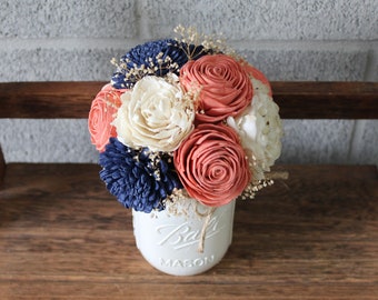 Coral and Navy Blue, Jar Floral Arrangements for Wedding, Coral, Navy, and Ivory Sola Wood Flower Arrangement, Mothers Day Flowers