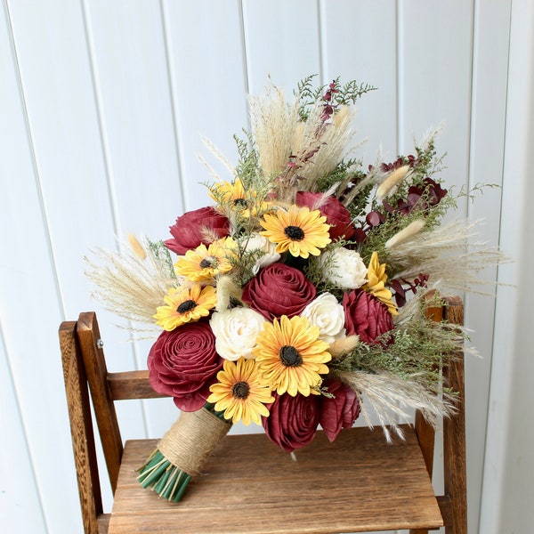 Sunflowers and Roses Bouquet, Boho Bridal Bouquet, Autumn Wedding Bouquet, Fall Wedding Bouquet Burgundy, Bridal Bouquet, Wood Flowers