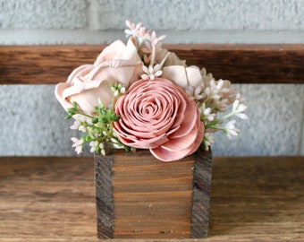 Pink and Beige Flowers, Mini Wooden Box Floral Arrangement, Teacher Appreciation Gift, Faux Flower Arrangement in Box, Mothers Day Gift