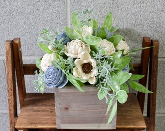 Mothers Day Flowers Gift, Dusty Blue Flower Arrangement, Blue and White Flower Arrangements, Sola Wood Flower Centerpiece, Flowers in Box