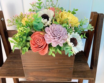 Flower Arrangement Home Decor, Yellow Coral Pink Lavender Sola Wood Arrangement, Forever Flowers, Fake Flowers, Wood Flowers