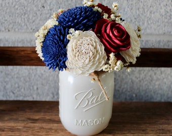 Red, White and Blue Fourth of July Mason Jar Floral Arrangement, Jar Floral Arrangements for Wedding, Sola Wood Flower Arrangement
