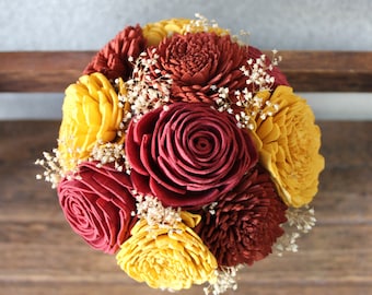 Red, Rust, Yellow Fall Themed Mason Jar Floral Arrangement, Jar Floral Arrangements for Wedding, Sola Wood Flower Arrangement, Fall Table