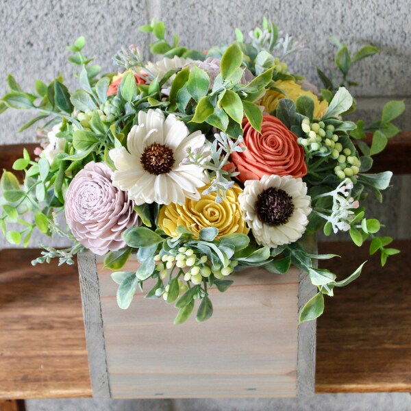 Flower Arrangement Home Decor, Yellow Coral Pink Lavender Sola Wood Arrangement, Forever Flowers, Fake Flowers, Wood Flowers