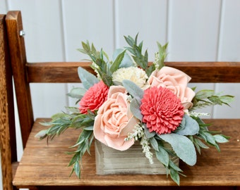 Coral and Pink, Sola Wood Flower Arrangement, Floral Arrangement Box, Mothers Day Flowers Gift, Flower Box Custom Centerpiece